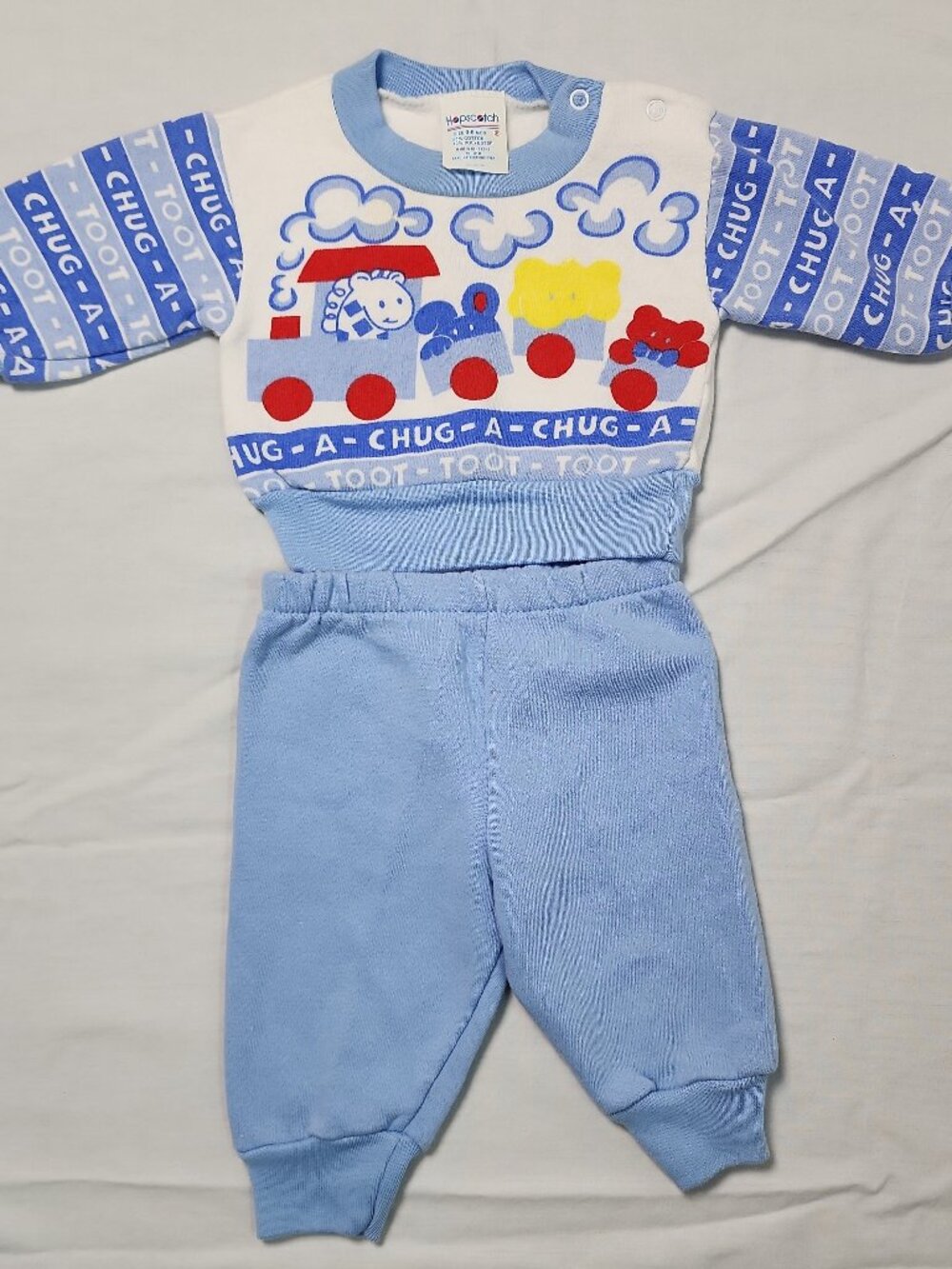 Hopscotch Chug-A-Toot Train Sweatshirt Set 0-6 Months Blue Retro Fleece VTG baby